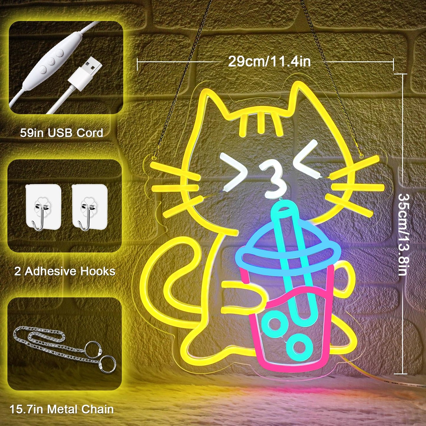 Sneignon Cat Boba Tea Neon Sign Yellow Cat Led Neon Signs for Wall Decor USB Bubble Tea Neon Light Cute Animal Neon Light Sign for Bedroom Dessert Bar Coffee Shop Kitchen Restaurant Party