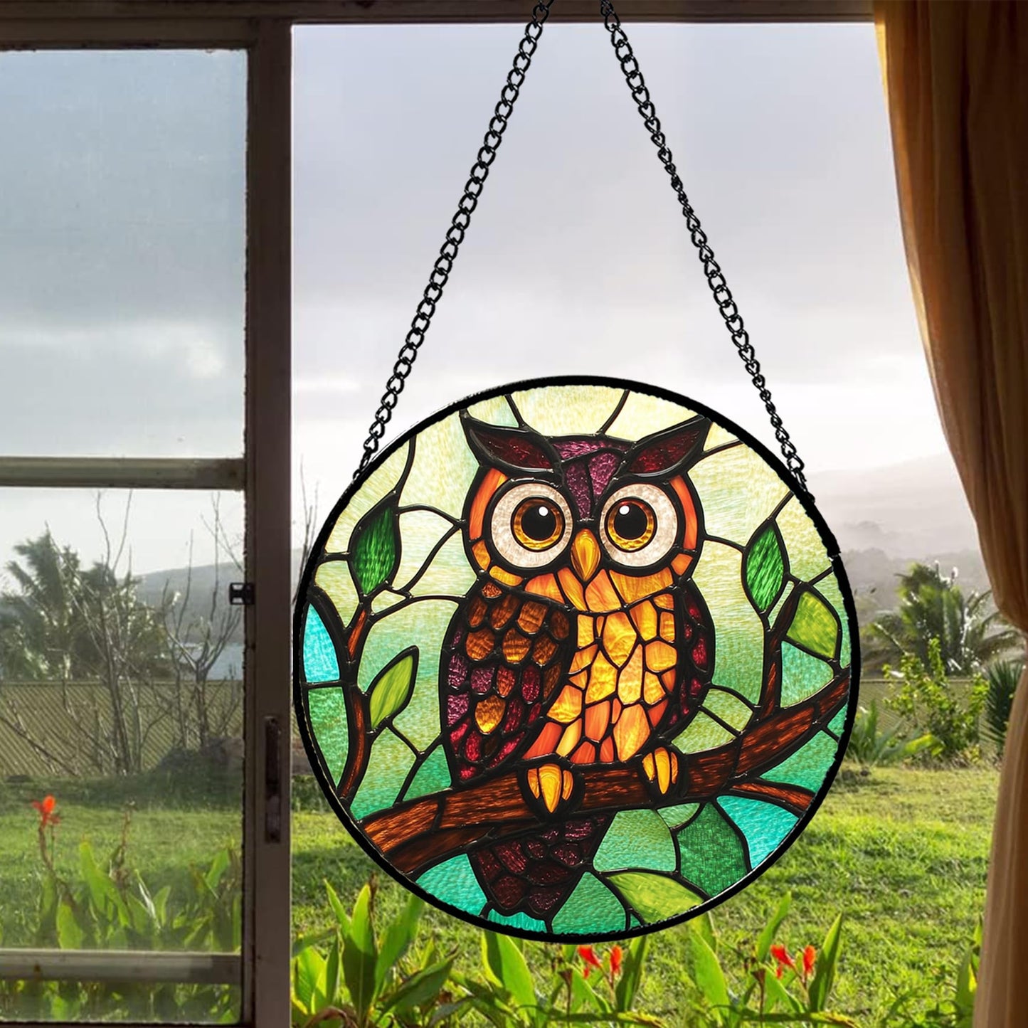 HWRHTR Stained Glass Window Hanging - Owl on a Branch Suncatcher for Doors Window Home Orange Brown Sun Catchers Decor Christmas Mother's Day Birthday Gifts for Teacher Women Men Mom Nana 7.8 in