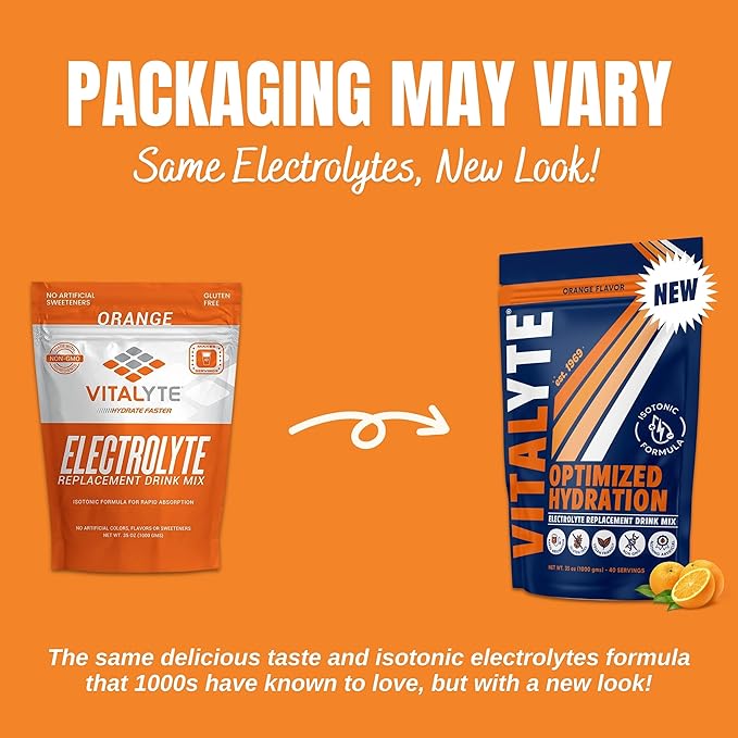 Vitalyte Electrolyte Powder Drink Mix, Isotonic Electrolyte Hydration Mix, Gluten Free Post Workout Powder Mix, Pack of 2, 35 oz. Each, Orange Flavor