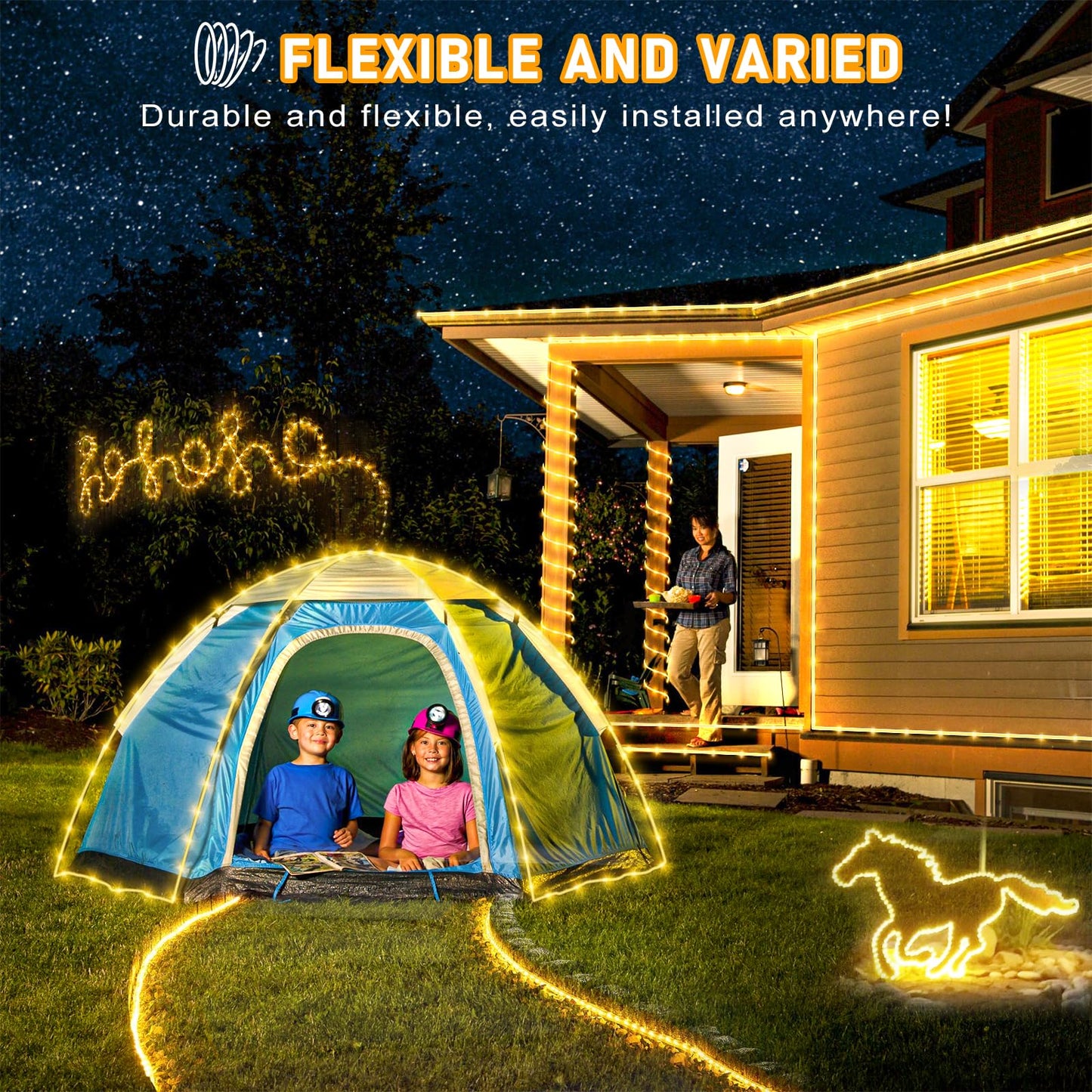 66FT 200 LED Rope Lights for Outside, Plug in Rope Lights Outdoor Waterproof with 8 Modes, Connectable Flexible Clear Tube Lights for Indoor Bedroom Patio Pool Camping Party Decorations, Warm White