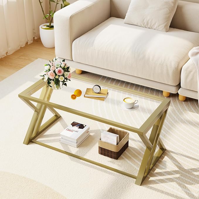Wolawu Coffee Table Gold Glass Coffee Table for Living Room,Modern Rectangular Center Table with Sturdy Metal Frame,Tempered Glass Table Tea Tables for Bedroom Home Office