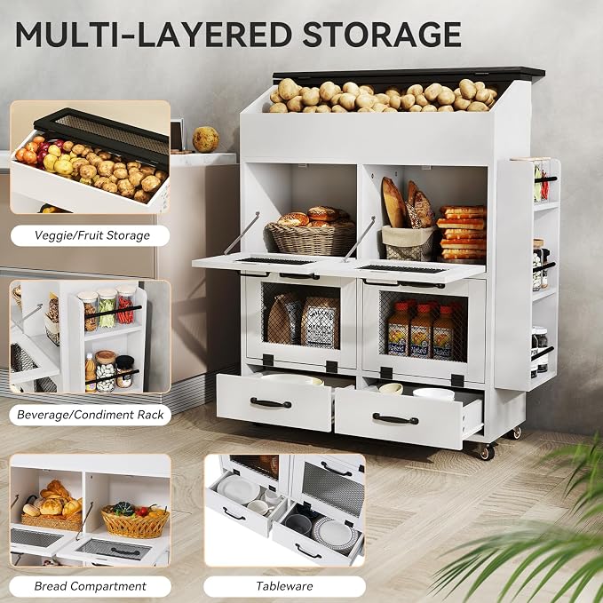 Verano Garden Large Potato and Onion Storage Bin on Wheels, Wood Bread Box w/Lid & Mesh Doors, 4-Tier Rolling Fruit and Vegetable Storage Organizer w/Grocery Section & Side Rack (White, 31.5")