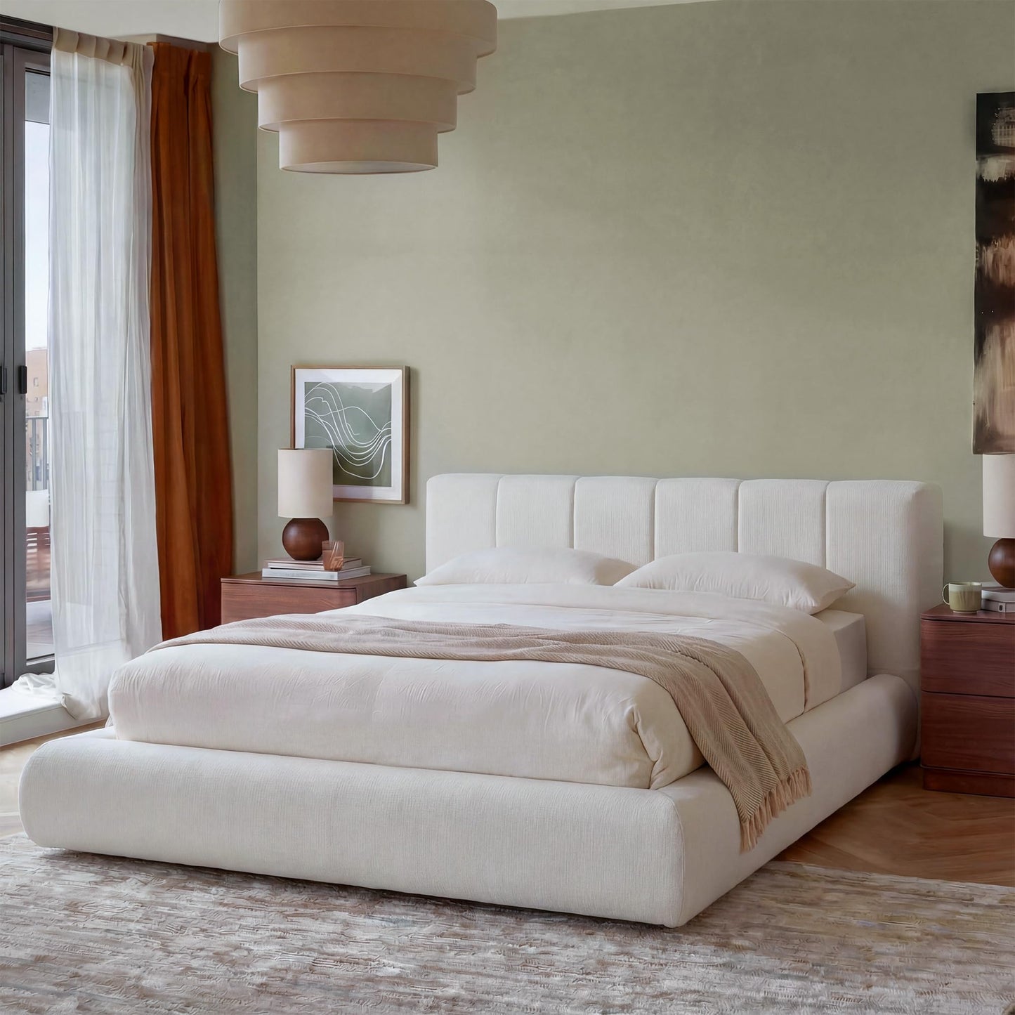 Yechen Queen Cloud Bed Frame with Headboard Removable, 5.9'' Boucle Upholstered Bed Rounded Corner Design, Soft Modern Low Platform Floor-Standing Support, Easy Assembly, No Box Spring Needed, Cream