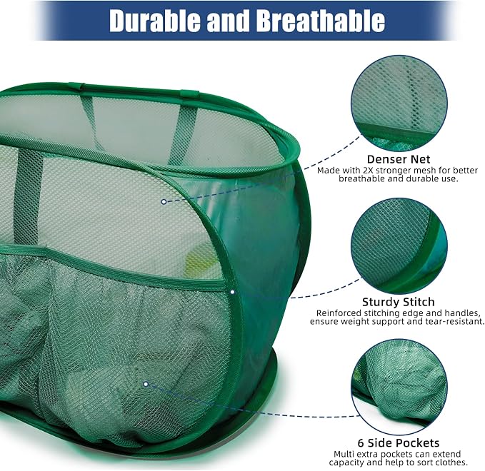 2 Pack Collapsible Laundry Baskets, Upgrade Pop Up Laundry Hamper with Convenient Bags, Foldable Laundry Basket Mesh Light Weight, Easy to Carry Clothes Hampers for Laundry, Dorm, Toys, Travel Green