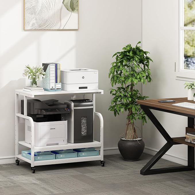 Fannova Printer Stand, 32.3" x 18.9" x 32.1" Extra Large Printer Table with Adjustable Storage Shelf, 3 Tier Rolling Printer Cart with Industrial Wheels for Home Office, White