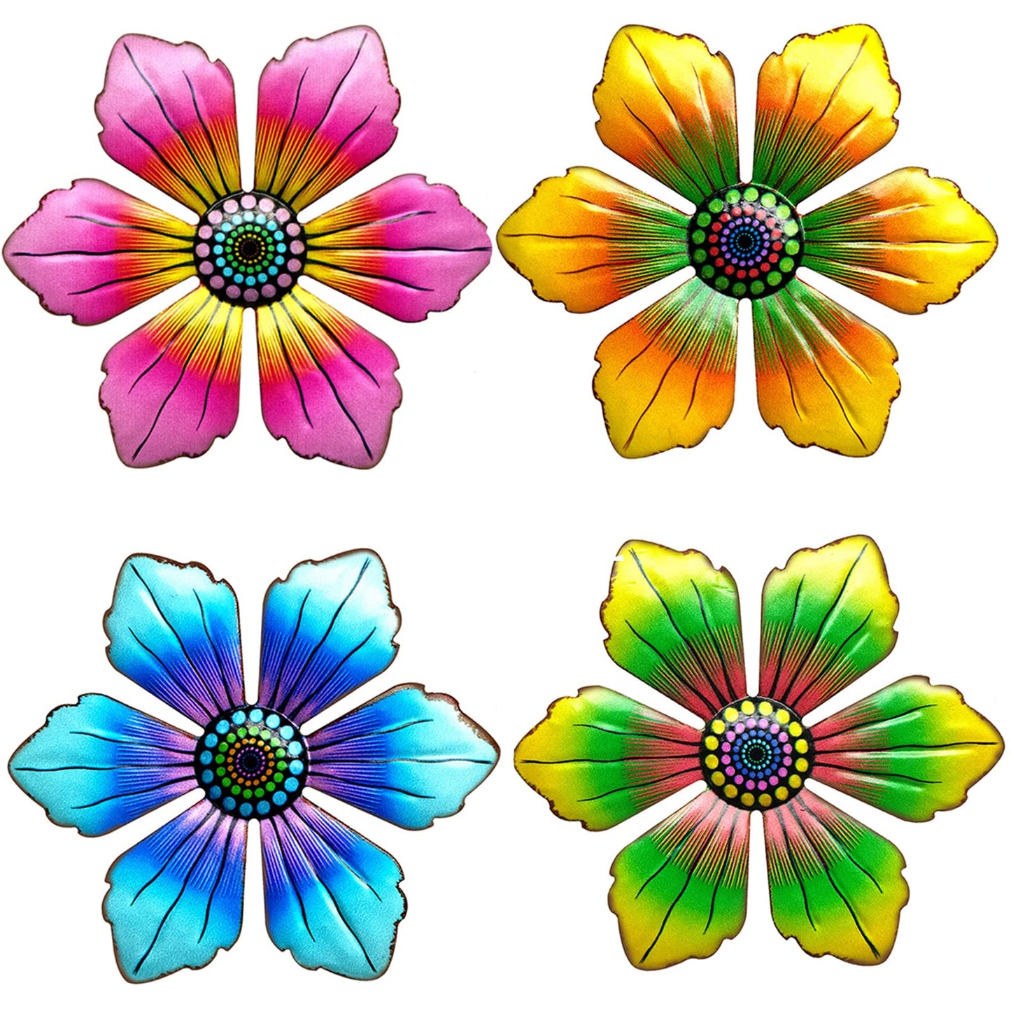 LITIALLY 4PCS Metal Flowers Outdoor Decor, 6 Inch Garden Wall Art Decorative, Metal Flower Outdoor Wall Sculptures Hanging Indoor Outdoor Home, Garden
