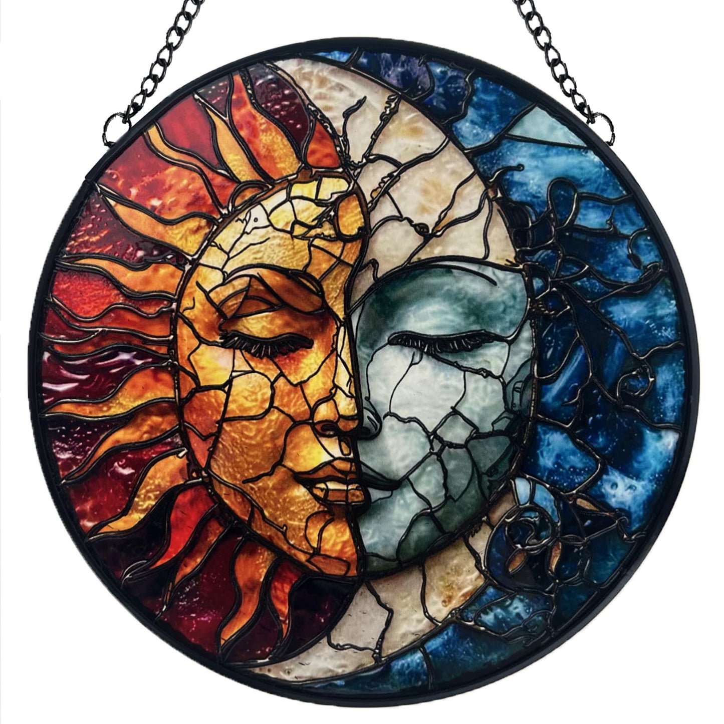 Sun and Moon Decor Suncatcher Stained Glass Window Hanging - Handmade Stained Glass Suncatchers Hanging Decoration with Metal Chain - Outdoor Garden Decor Gift for Women Christmas Thanksgiving Gifts