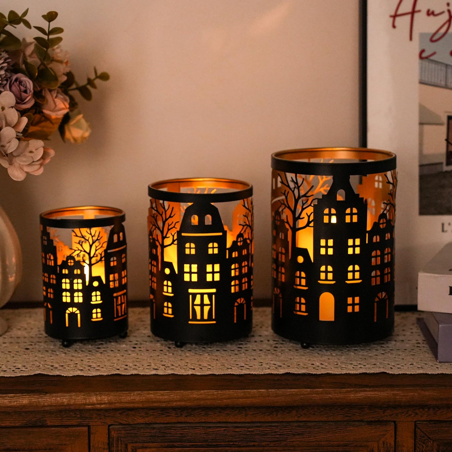 TRIROCKS Village Silhouette Candle Lantern 7.5" H Etched Bronze Metal Candle Holder Decorations for Living Room Tabletop Parties Patio Entryway Indoors Outdoors(3PCS)
