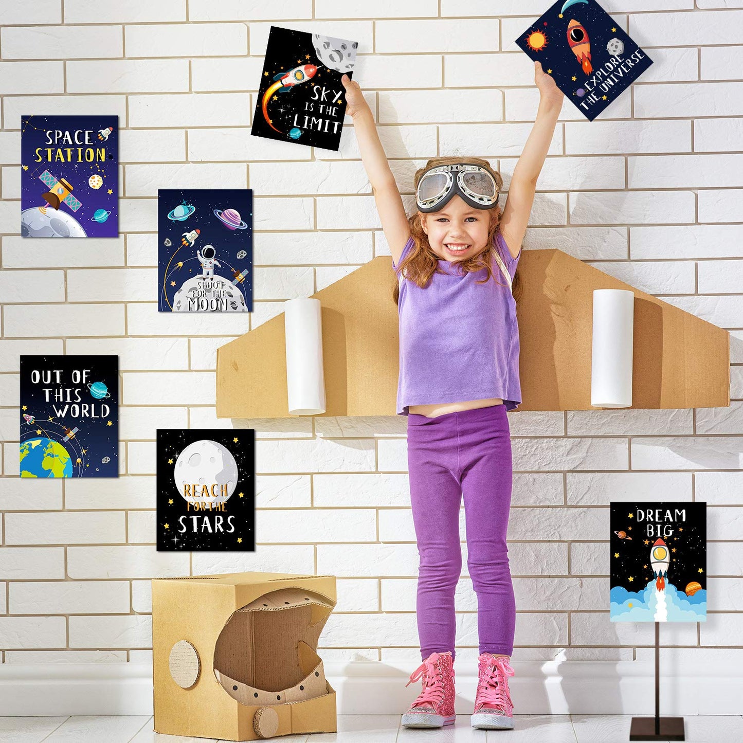 Blulu 9 Pieces Outer Space Decor for Kids Room Boy Bedroom Space Posters 8 x 10 Inch Cute Inspirational Art Decoration for Boys and Girls Playroom Nursery