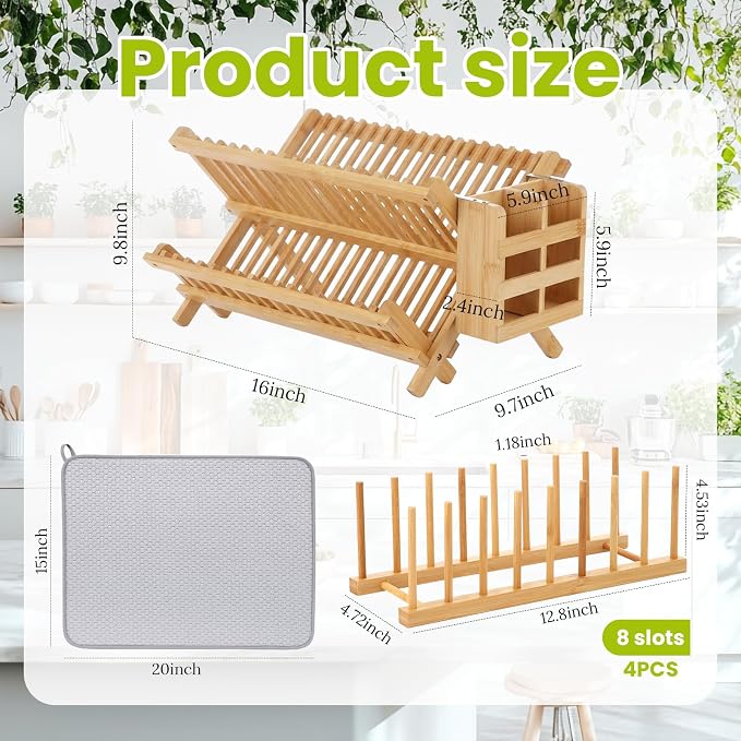 6 Pcs Plate Organizer Set for Cabinet 2 Tier Bamboo Collapsible Dish Rack with Utensil Holder Plate Holder and Mat for Kitchen Organizer Cabinet Pot Lid, Bowl, Cup, Chopsticks, Utensils