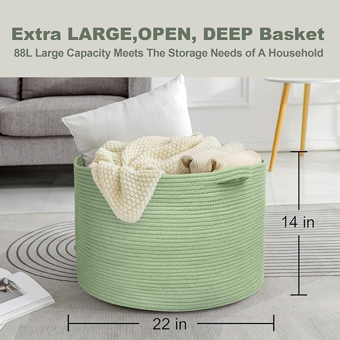 MEGASKET Extra Large Green Basket, 22" X 22" X 14" Woven Cotton Rope Baskets for Blankets, Nursery Laundry Basket, Cute Kids Toy Storage Bin, Green Living Room Bedroom Decor Baskets for Organizing
