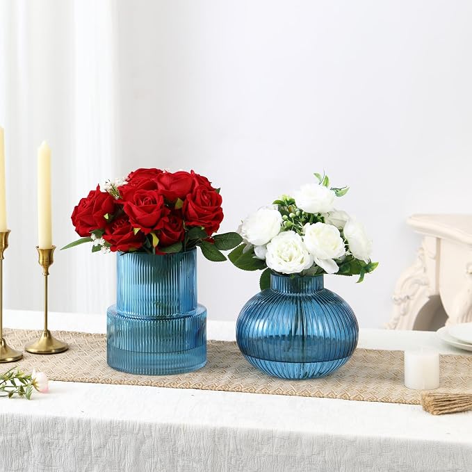 Ribbed Glass Vases, Set of 2 Fluted Vases for Flowers, Blue Glass Vase for Tulips, Modern Vase for Living Room, Kitchen, Office, Entryway, Mantle, Bookshelf, Wedding Gifts, Birthday