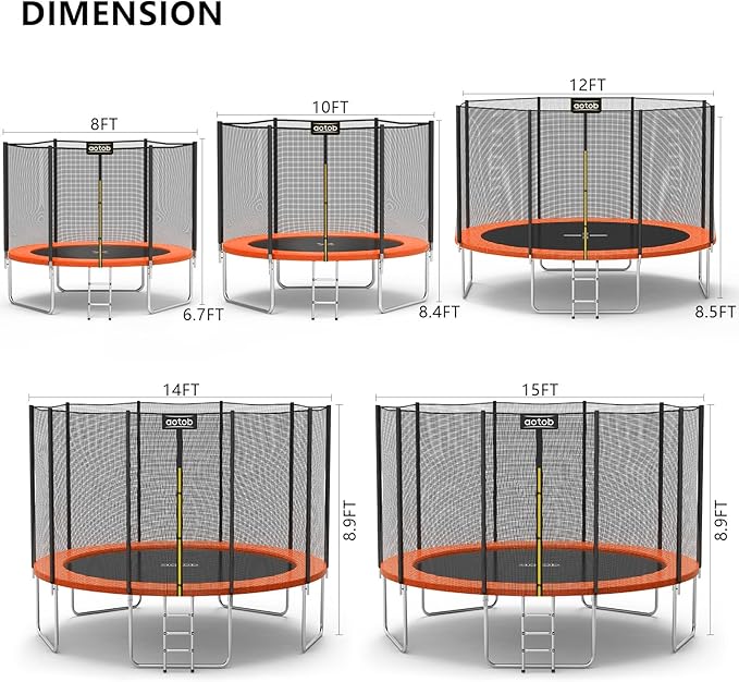 AOTOB 8FT 10FT 12FT 14 FT 15FT Trampoline with Safety Enclosure Net，Outdoor Trampoline with Basketball Hoop, Heavy Duty Jumping Mat and Spring Cover Padding for Kids and Adults, Storage Bag and Ladder