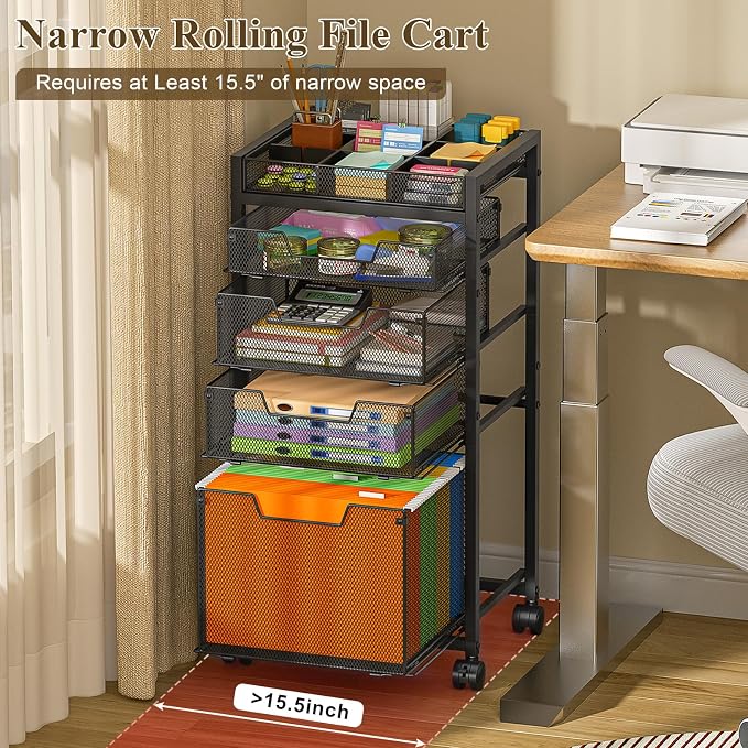 Rolling File Cart with 4 Storage Drawers, Under Desk Organizer with DIY Divider, Moblie Filing Cabinet on Wheels, Fits A4/Letter Size, Metal Utility Cart for Home Office, Black