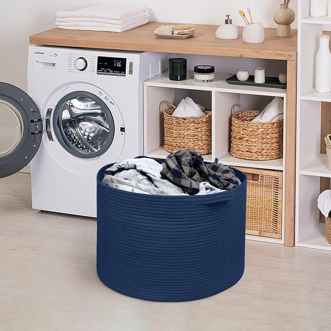 MEGASKET Dark Blue Basket for Organizing, 22" x 14" Extra Large Woven Cotton Rope Laundry Basket, Blanket Storage for Living Room Bedroom, Big Nursery Kids Toy Box Organizer, Pool Towel Storage Bin
