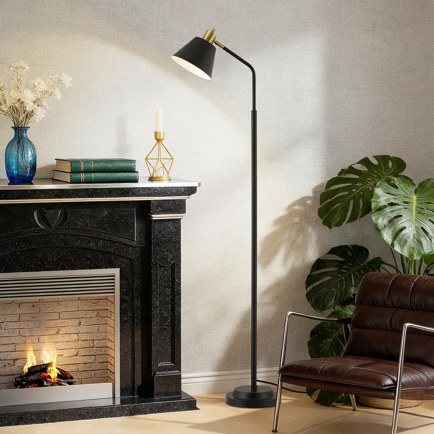 Leasgy 65.3" Floor Lamps for Living Room, Black Floor Lamp for Bedroom, Dual-Base Industrial Standing Lamp, Adjustable-Head Corner Lamp, Modern Tall Lamp, Living Room Light, Bulb Included, Black