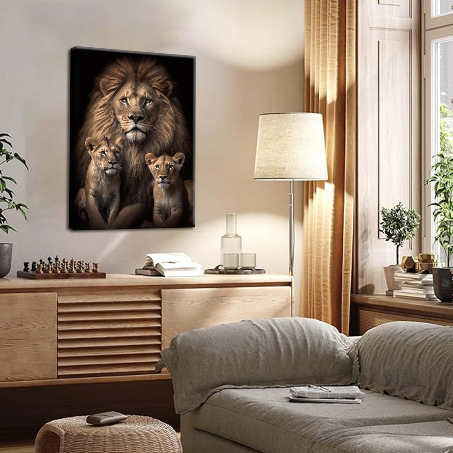Eysintum Framed Lion Wall Art Lion Family with Cubs Canvas Print Wildlife Animal Painting for Living Room Bedroom Office Home Decor Ready to Hang 12x16in
