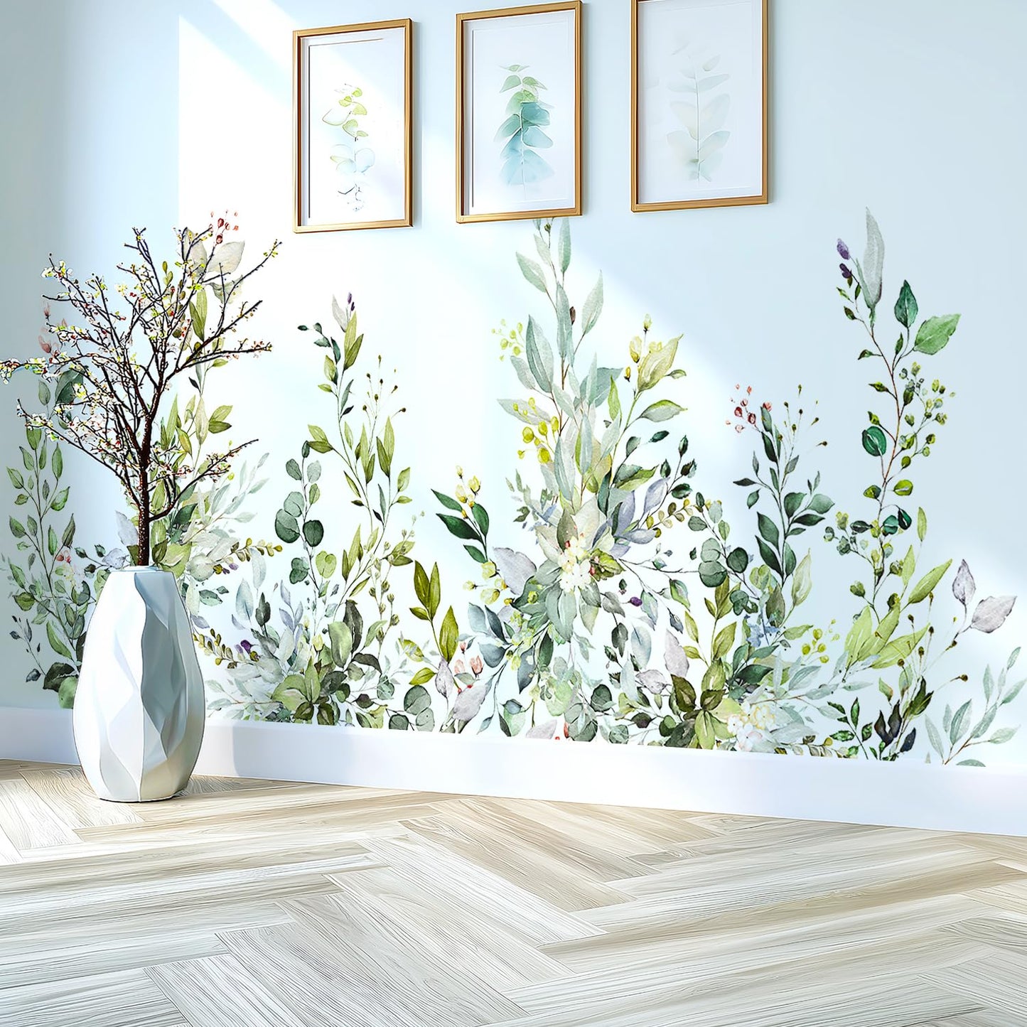 VePret Green Plants Leaves Wall Decals Peel and Stick, Large Floral Flowers Wall Stickers, Removable Vine Home Decor Art for Bedroom Living Room Classroom Office
