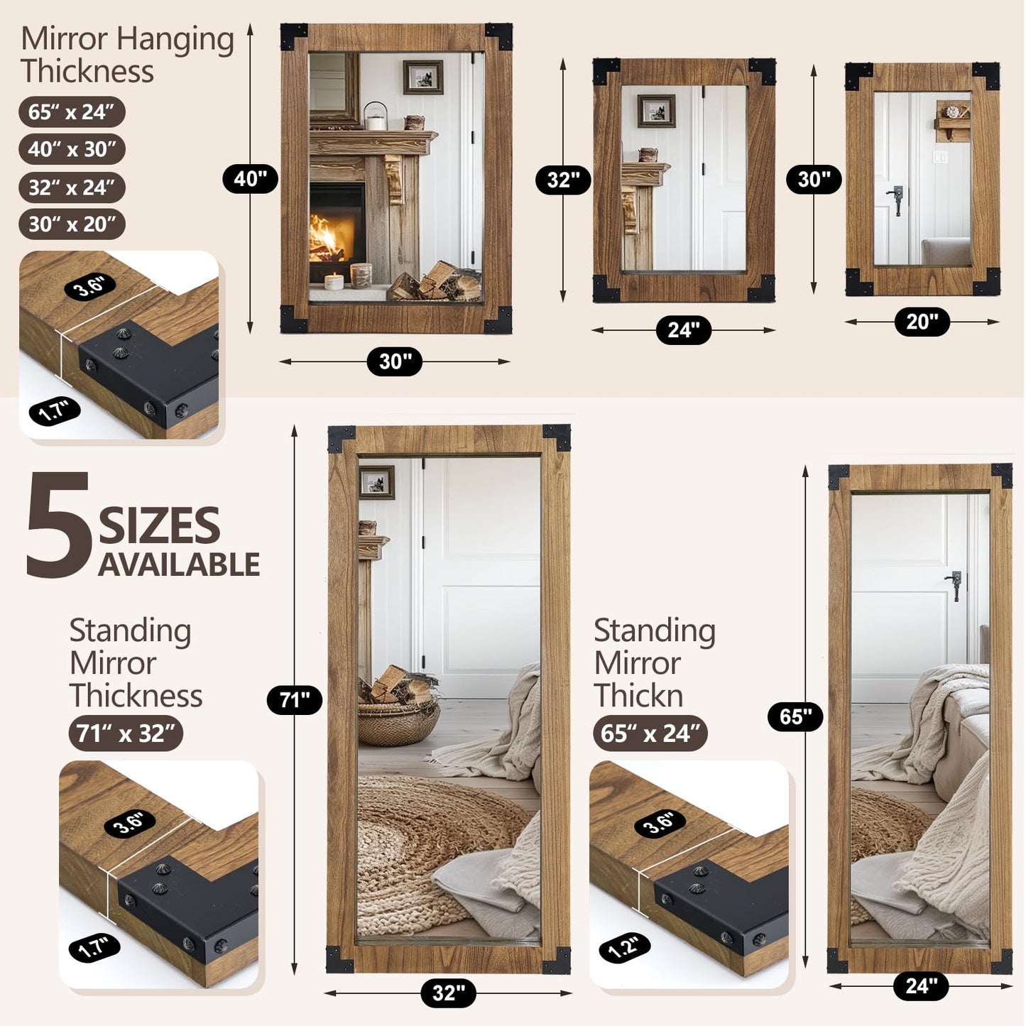 LXWZHK 65x24 Inch Full Length Mirror, Wooden Frame Full Body Standing Mirror with Metal Decorative, Light Walunt
