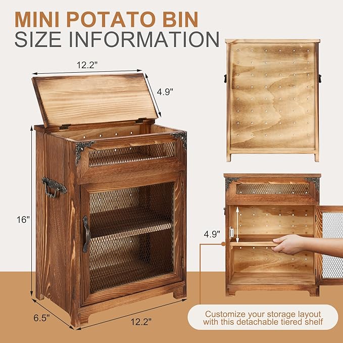 Mini Potato and Onion Storage Bin - Wooden Storage Box for Kitchen Countertops, Vegetable Storage Bins, 12.2" W x 6.5" D x 16" H (Rustic Color)