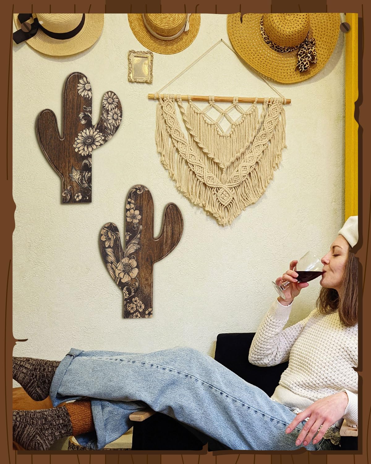 Putuo Decor 2 Pieces Aztec Cactus Decor, Farmhouse Wall Decor, Rustic Flower Patterns Wood Home Decor for Living Room, Bedroom, Bathroom, Western Decor