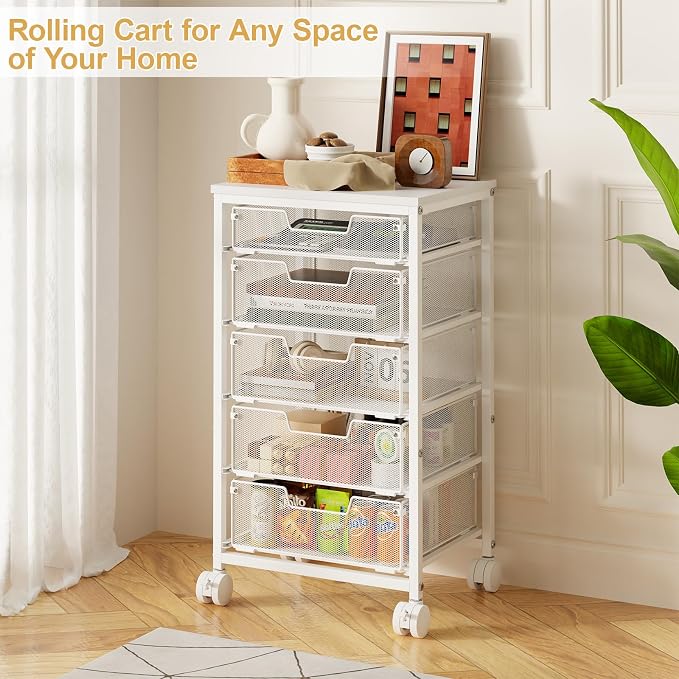 Sbanmao 5 Drawers Rolling Utility Cart, Storage Drawer Cart with Wooden Top, Rolling Storage Cart on Lockable Wheels, Metal Utility Cart & Craft Storage Cart for Bedroom, Classroom, Office, White