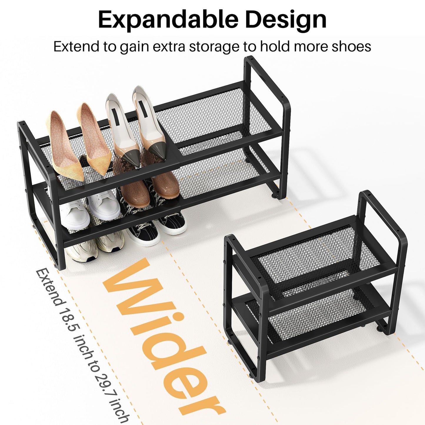 SNTD Shoe Rack - Expandable Shoe Organizer for Closet, Adjustable Metal Shoe Shelf Storage, Stackable Long Shoe Stand Holder for Garage, Entryway, Door Entrance (Black, 2-Tier)