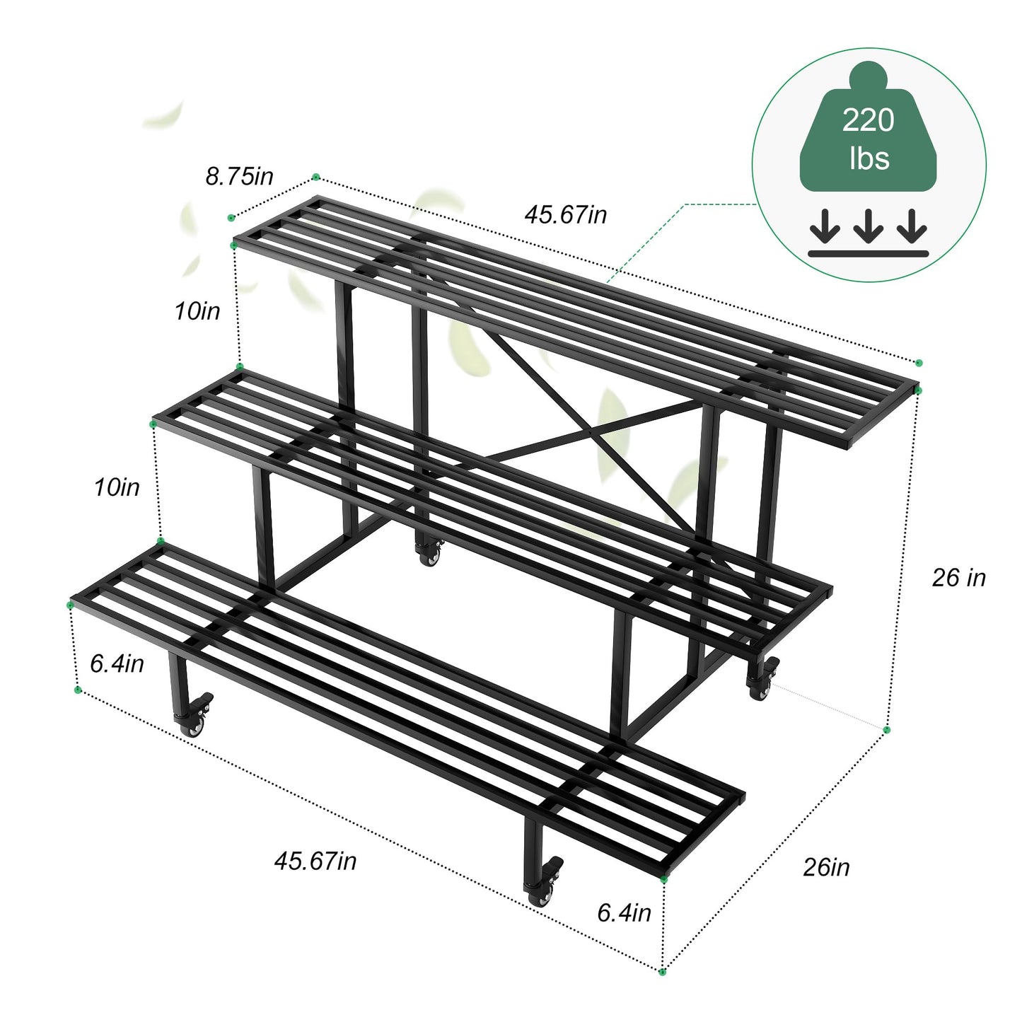 Zhongma 3 Tier Sturdy Metal Plant Stand with Wheels, L45.67 x W26 x H26 inch, Heavy Duty Plant Holder for Home Indoor and Outdoor, 660 LBS Capacity & Heavy Duty Construction