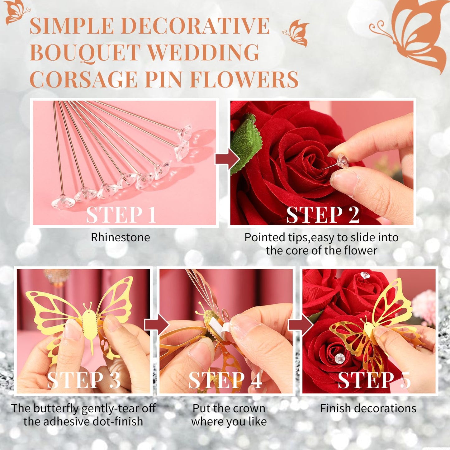 200 Pcs Flower Bouquet Accessories 100 Corsage Bouquet Pins 96 3D Butterfly Wall Decor Bulk and 4 Crown Cake Topper Pearl Pins Floral Arrangement for Festival Wedding Birthday Party (Gold, Silver)