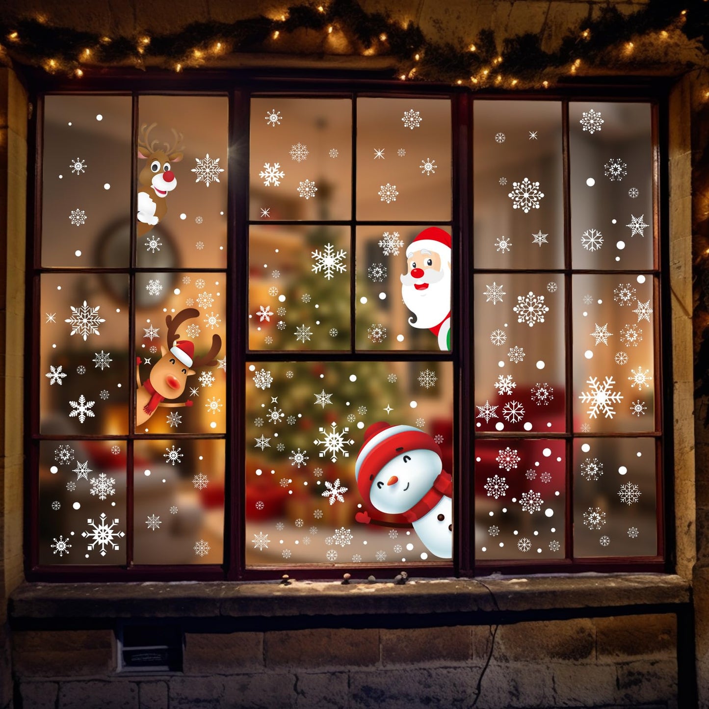 322Pcs Christmas Window Clings Xmas Snowflakes Decorations Santa Claus Reindeer Snowman Snowflake Xmas Decals Stickers for Glass Winter Holiday Home Party