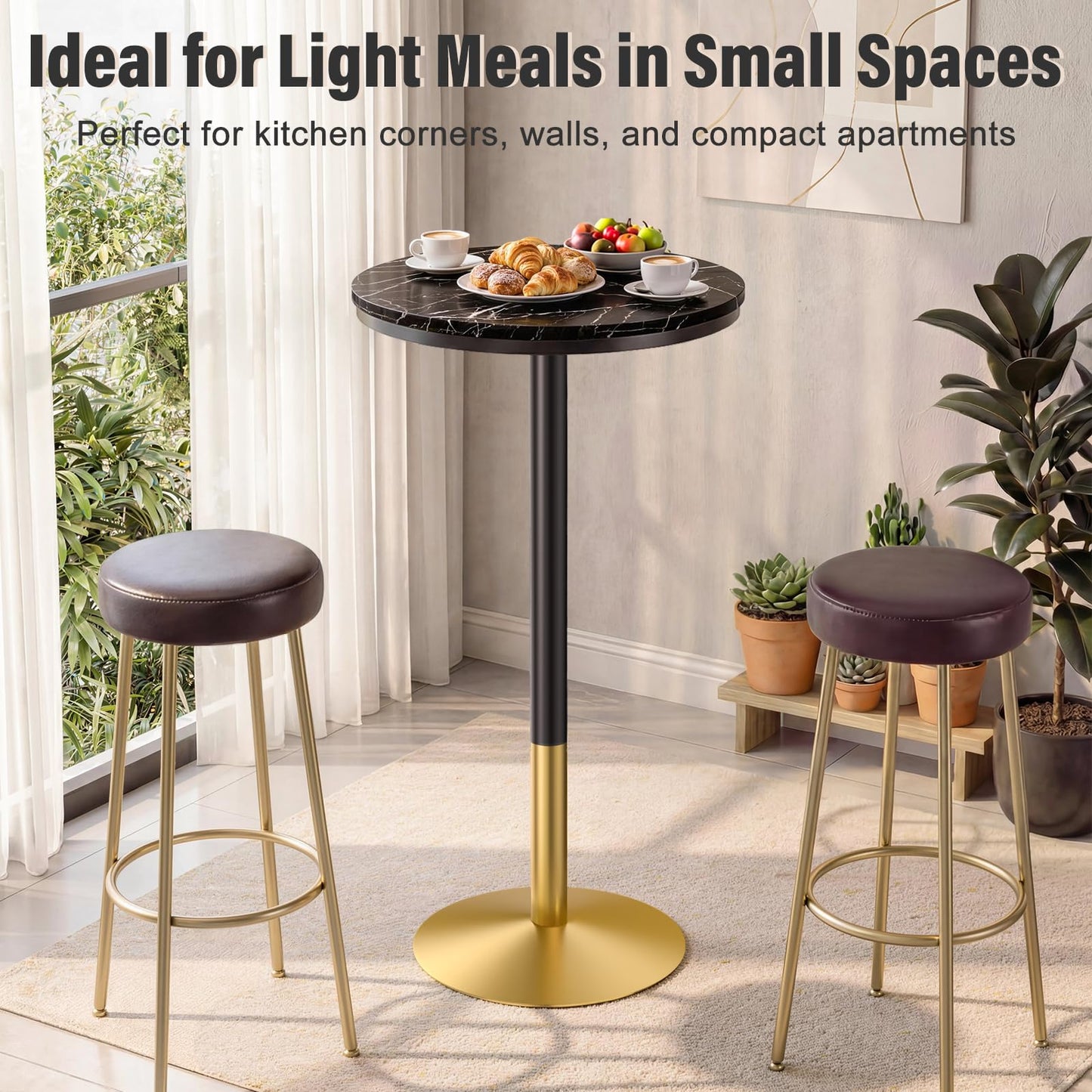 Modern Round Marble Bar Table, 22" Black Marble Top Pub Table with Gold Metal Base, Tall Bistro Table for Home Bar, Kitchen, Dining, Small Spaces, 41'' Bar Height