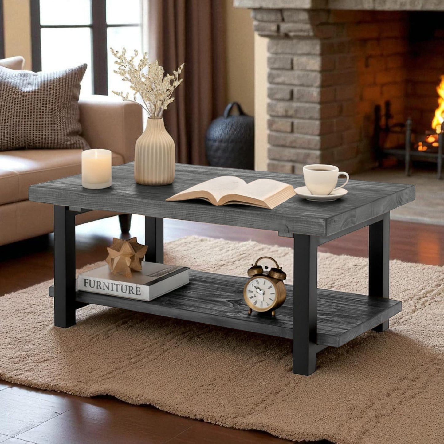 Pomona 42-Inch Rectangular Solid Wood Coffee Table with Storage Shelf & Metal Legs – Modern Rustic Industrial Living Room Table by Alaterre Furniture (Slate Grey)