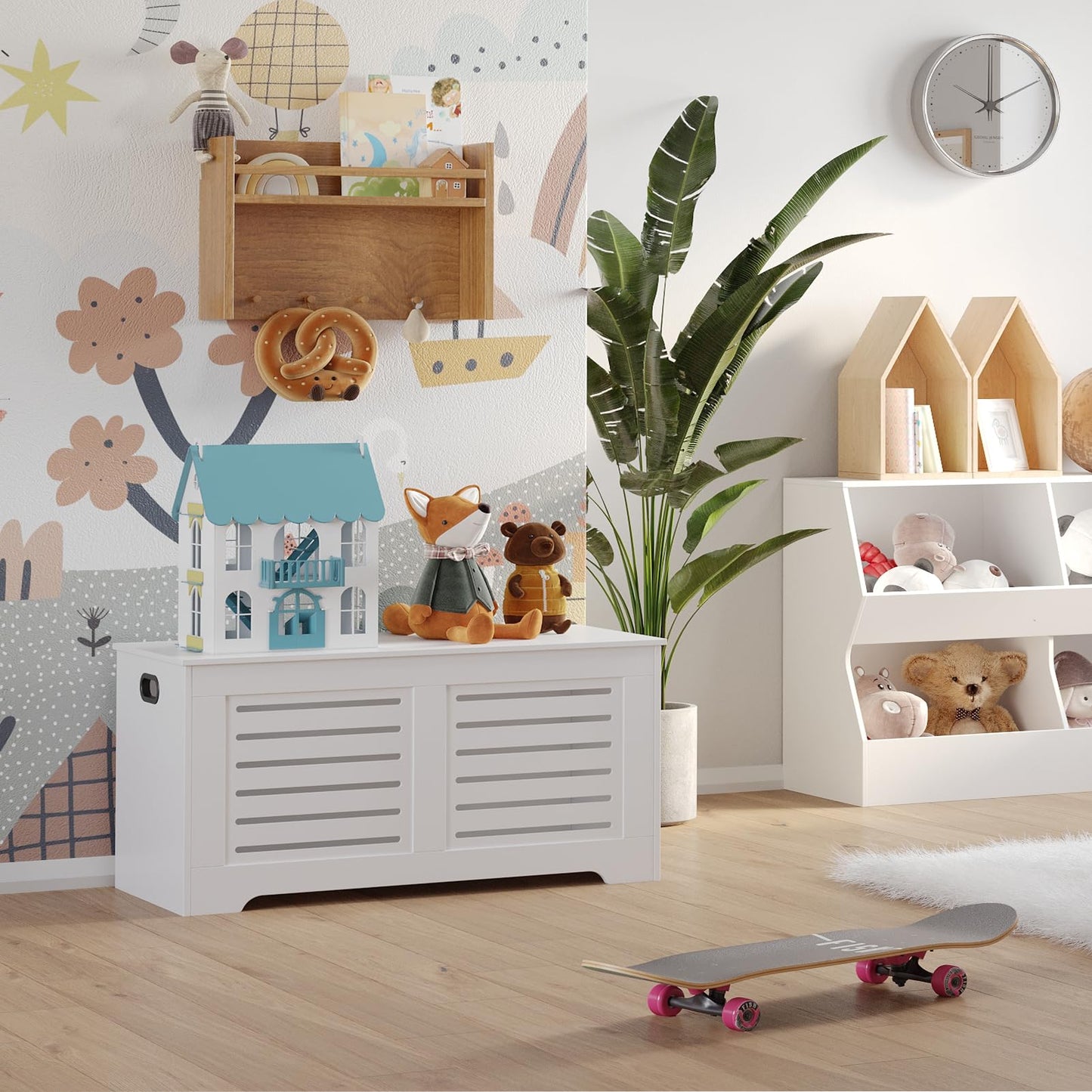 DINZI LVJ Storage Chest, 43.3” Wooden Toy Box with 2 Safety Hinges, Retro Entryway Shoe Storage Bench with Flip-Top, Sturdy Large Storage Trunk for Living Room, Bedroom, Easy Assembly, White