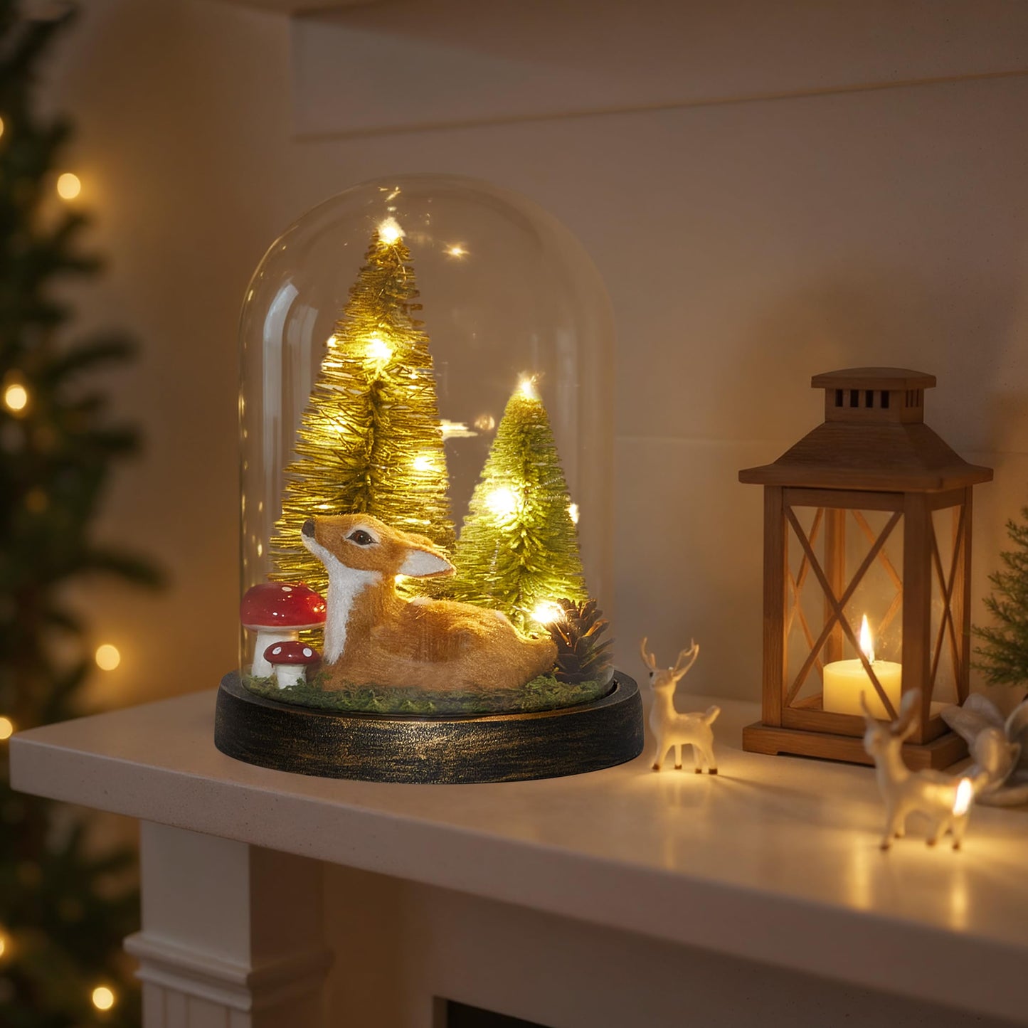 SunArtHome Christmas Decorations Indoor, Light Up Christmas Decor, Christmas Tree, Deer, Mushroom in Plastic Dome Cloche, Miniature Decor for Holiday Party Family Table Decoration