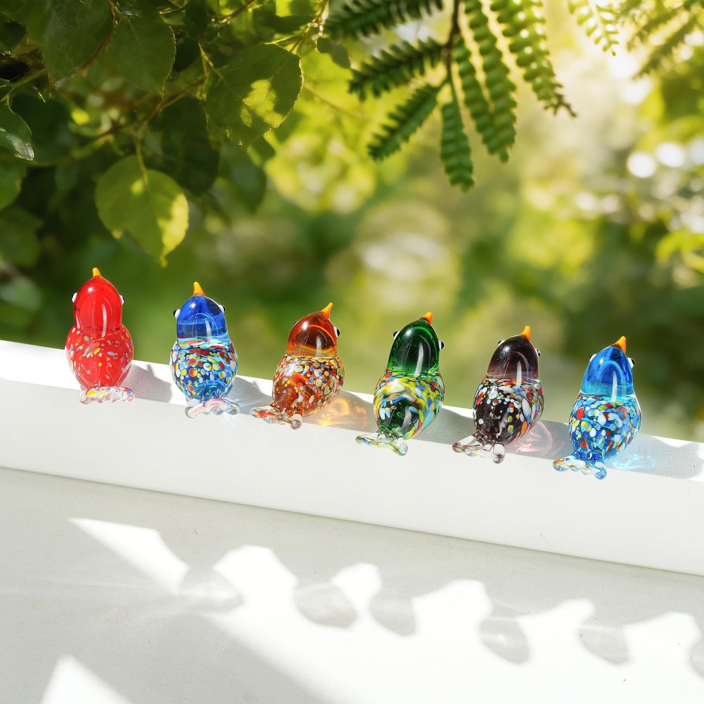 HDCRYSTALGIFTS 6pcs Hand Blown Glass Bird Figurines 1.9'' Mini Animal Statues Decorative Miniature Birds Collectibles for Home Table Decor Unique Birthday for Mom Women