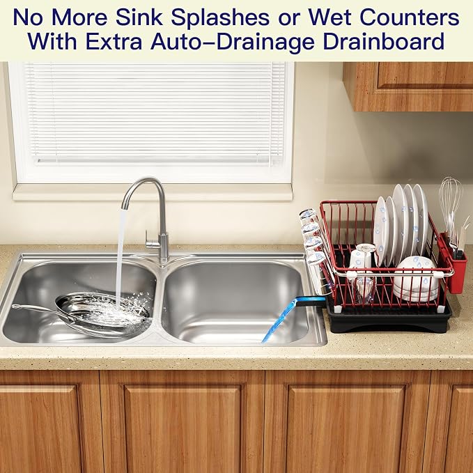 MAJALiS Red Dish Drying Rack Over Sink with Utensil Holder, Drainboard | Expandable Stainless Steel Dish Drainer for Small Kitchen, Apartment, RV, Counter Space Saving, Perfect Fit, Rustproof