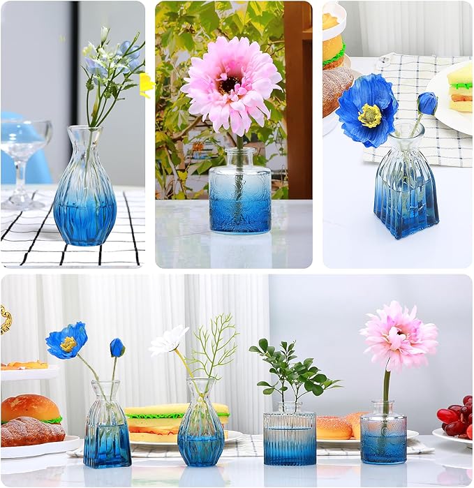 Mapoxy Glass Bud Vases Set of 4,Small Deep Blue Flower Vases for Wedding Centerpiece Table Decorations,Clear Vintage Embossed Mini Vases,Flower Arrangements in Vases for Party or Home Decor