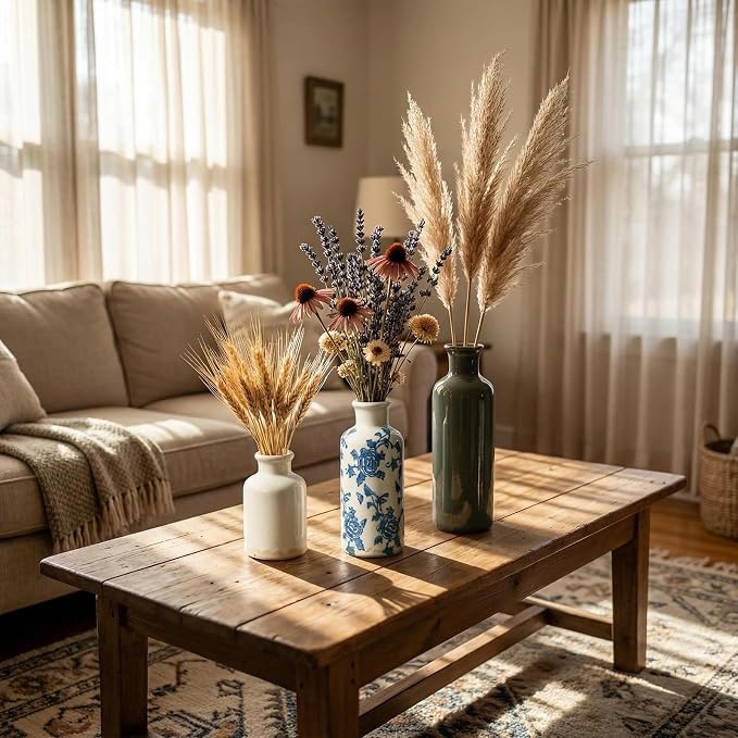 Rustic Ceramic Vase Set of 3, Farmhouse Decorative Flower Vases for Home Decor, Living Room Kitchen Bathroom Table Centerpieces, Shelf, Mantel and Entrance Decorations