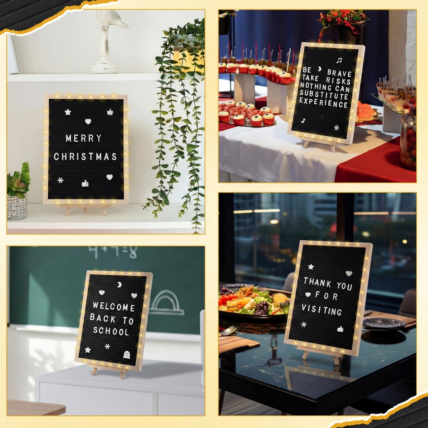 wearage 12x16 Inch Changeable Felt Letter Board with LED Lights, Message Custom Felt Letter Board with Wooden Stand and 300 Letters for Pregnancy Announcement Classroom Decor Poster (Black)