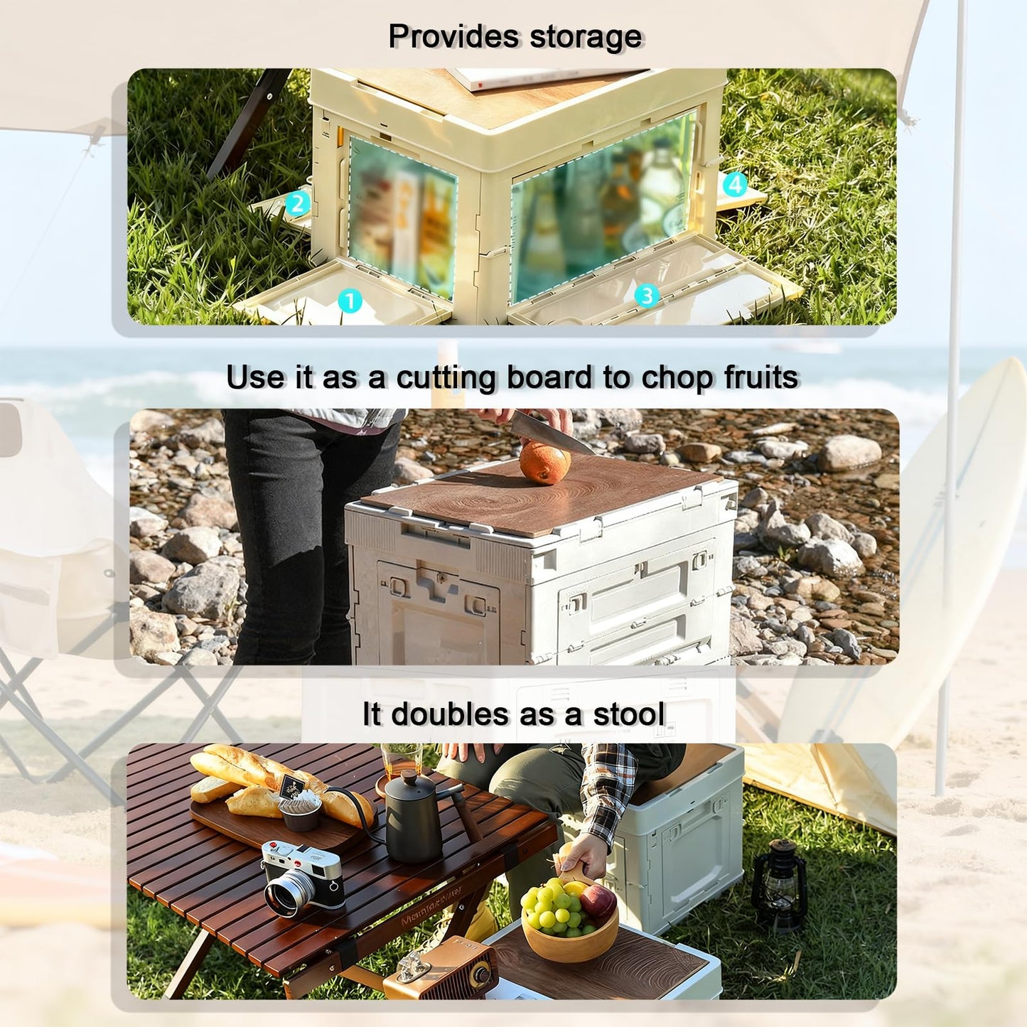 CTESNE 【5-Side Opening】60L Storage Bins with Lids，Portable Foldable Storage Box ，Plastic Stackable Storage Bin for Camp Fishing Car RV,Office (White)