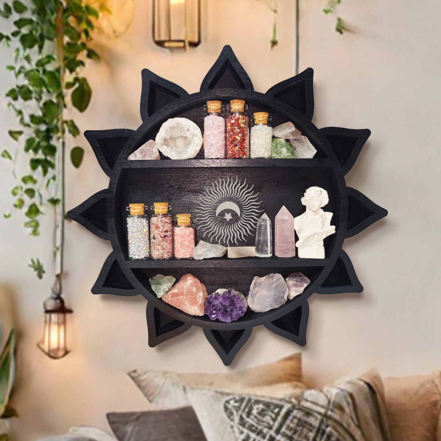 FNYDOX Crystal Shelf Display for Wall, Crystal Display Shelf Chakra Wooden Lotus Flower Crescent Moon Shelf Wall Decor, Decorative Home Floating Shelf Stone Storage Gem Holder Boho Hanging Organizer