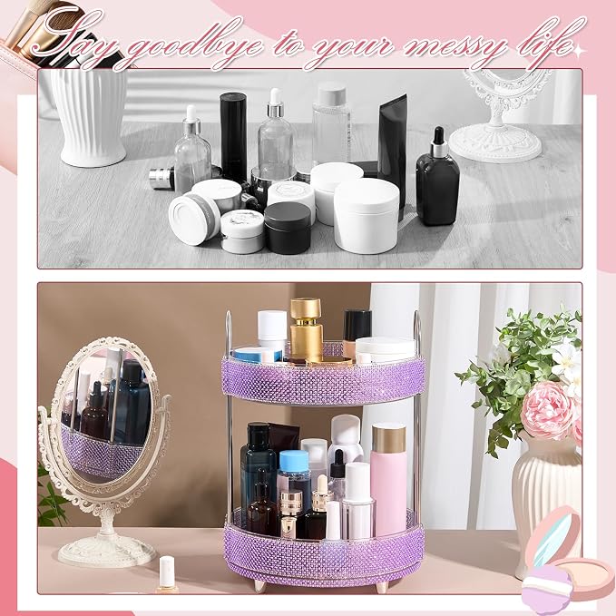 Honeydak 360 Rotating Perfume Organizer Gift for Women, Rhinestone Preppy Skincare Organizer Bathroom Counter Makeup Holder Skincare and Perfume Storage for Cosmetic(2 Tiers,Pearl,Purple)