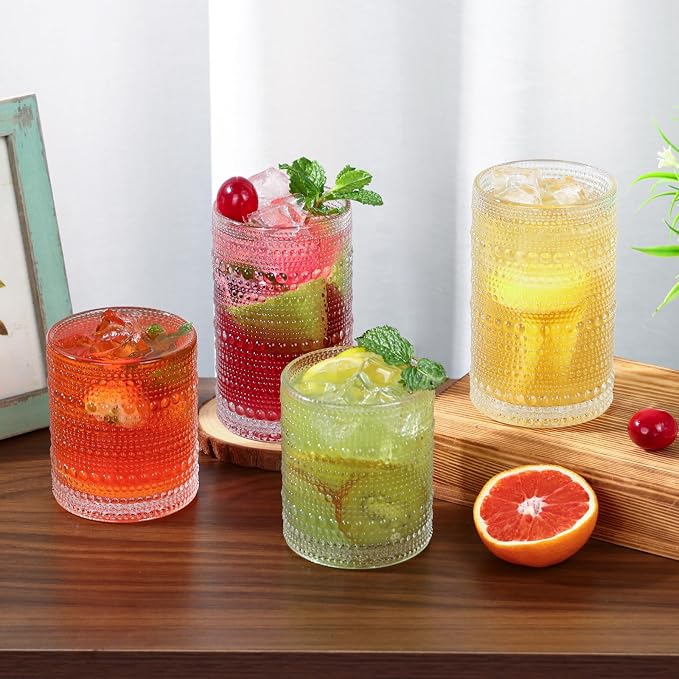 Moretoes Kitchen Hobnail Drinking Glasses Set of 6, 12 Oz Highball Glasses & 10 Oz Cocktail Glasses, Clear Embossed Boho Glass Cups Kitchen Bar Tumbler Glassware Set for Whiskey, Beer, Juice, Milk