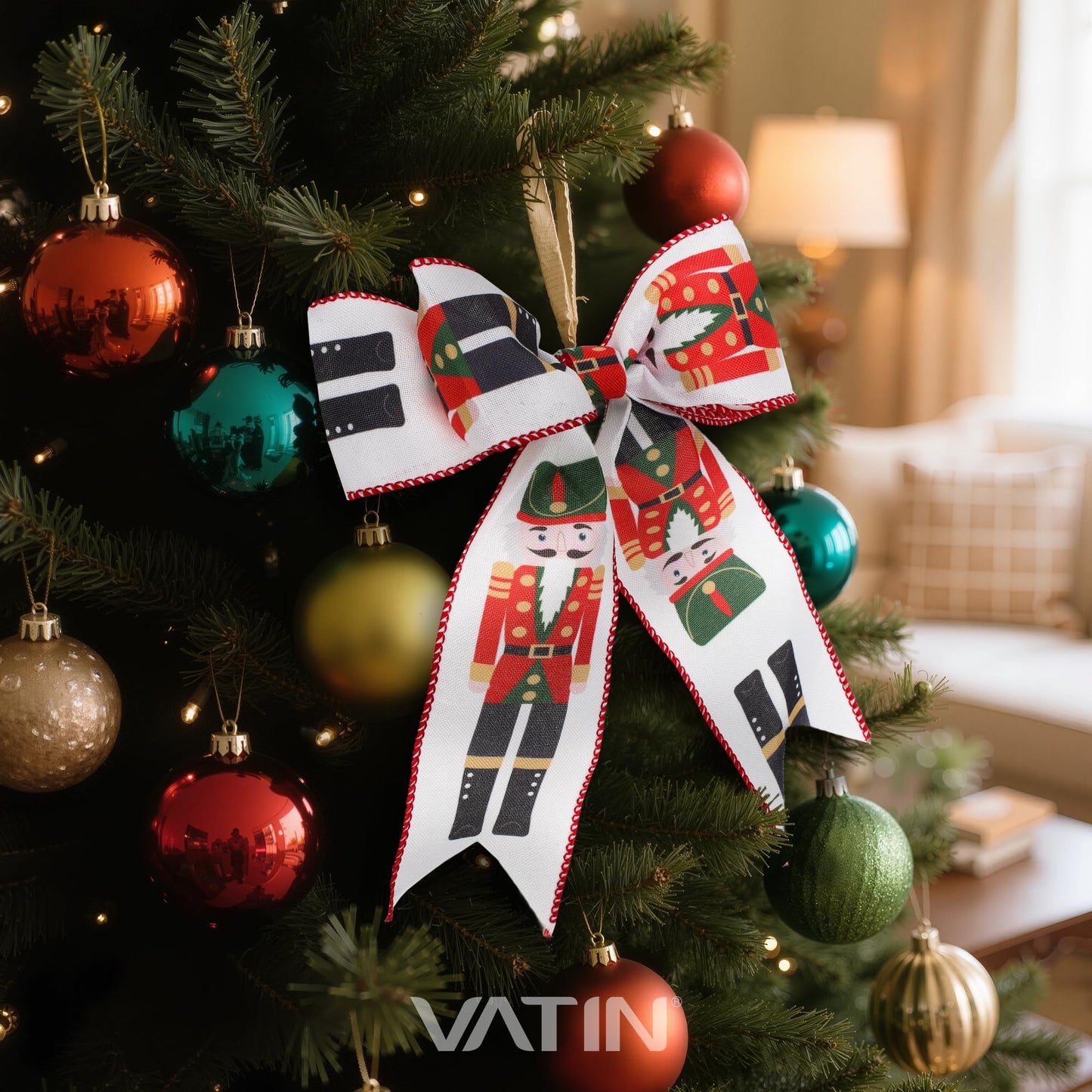 VATIN Christmas Linen Ribbon with Nutcracker Printed, 2-1/2-Inch x 10 Yards Thick Ribbon for Tree Decorations, Gift Wrapping, Bows, Holiday Crafts