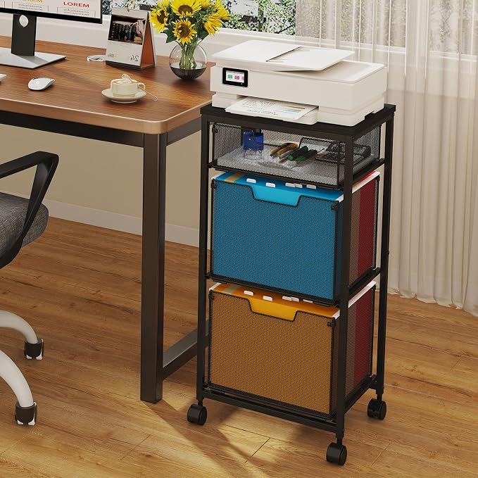 Sbanmao 3 Drawer Mobile File Cabinet for Home Office, Rolling Filing Cabinet on Lockable Wheels, Hanging File Folders Organizer, Utility Cart Storage and Organizer, Printer Stand, Black