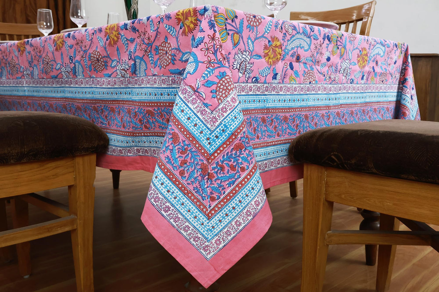 60x60 Inches Square Hand Block Printed Cotton Tablecloth, Pink Blue Floral Table Cloths Washable, Indian Table Linen for Valentine Thanksgiving Gifts Home Decor Dinning Outdoor
