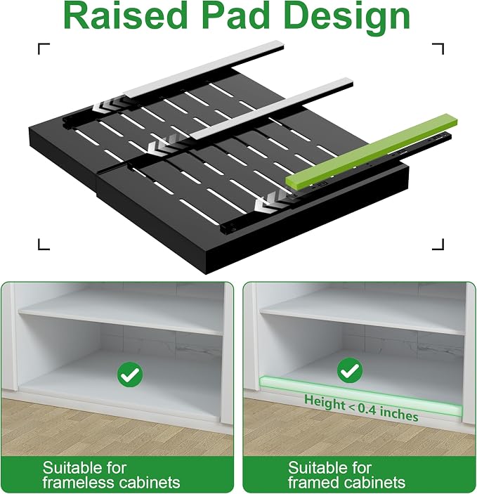 PAKETA 4 Pack Expandable Pull Out Cabinet Organizer, 21'' Deep Pull Out Drawers for Cabinets, Upgrade 3 Slide Rails Sliding Drawers for Cabinet with Adhesive Nano Film (Black, 21"D X 15-26"W ）