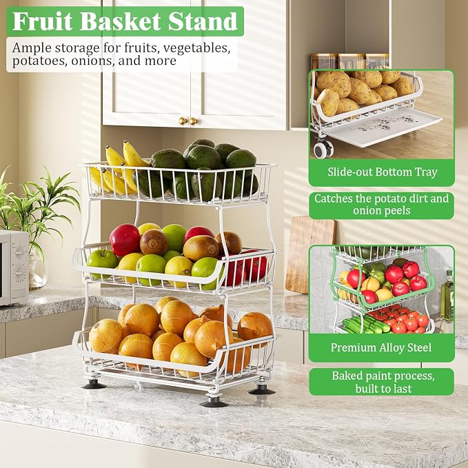 3 Tire Rolling Pantry Organizers and Storage Cart on Wheels | Metal Frame, Under Pantry Cabinet, Drip Tray, Storage for Snack, Potato, Onion, Produce, Can, Drink, Fruit and Vegetable