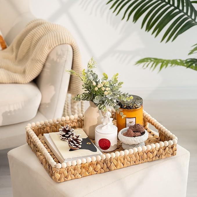 StorageWorks Rectangle Decorative Trays for Home Decor Farmhouse, Wicker Coffee Table Tray Decor with Wooden Beads and Handles, Large Woven Dining Room Decor Tray for Kitchen Counter, Living Room