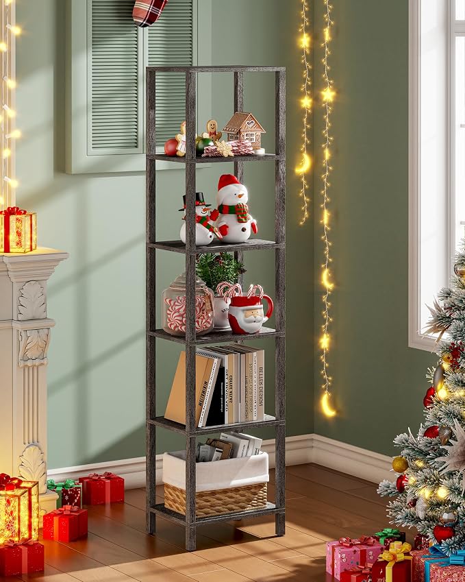 TUTOTAK Bookshelf, 6-Tier Tall Book Shelf, Narrow Bookcase for Small Space, DIY Stackable Bookshelf, for Living Room, Office, Study, Entryway, Industrial, Charcoal Grey BS01BY006
